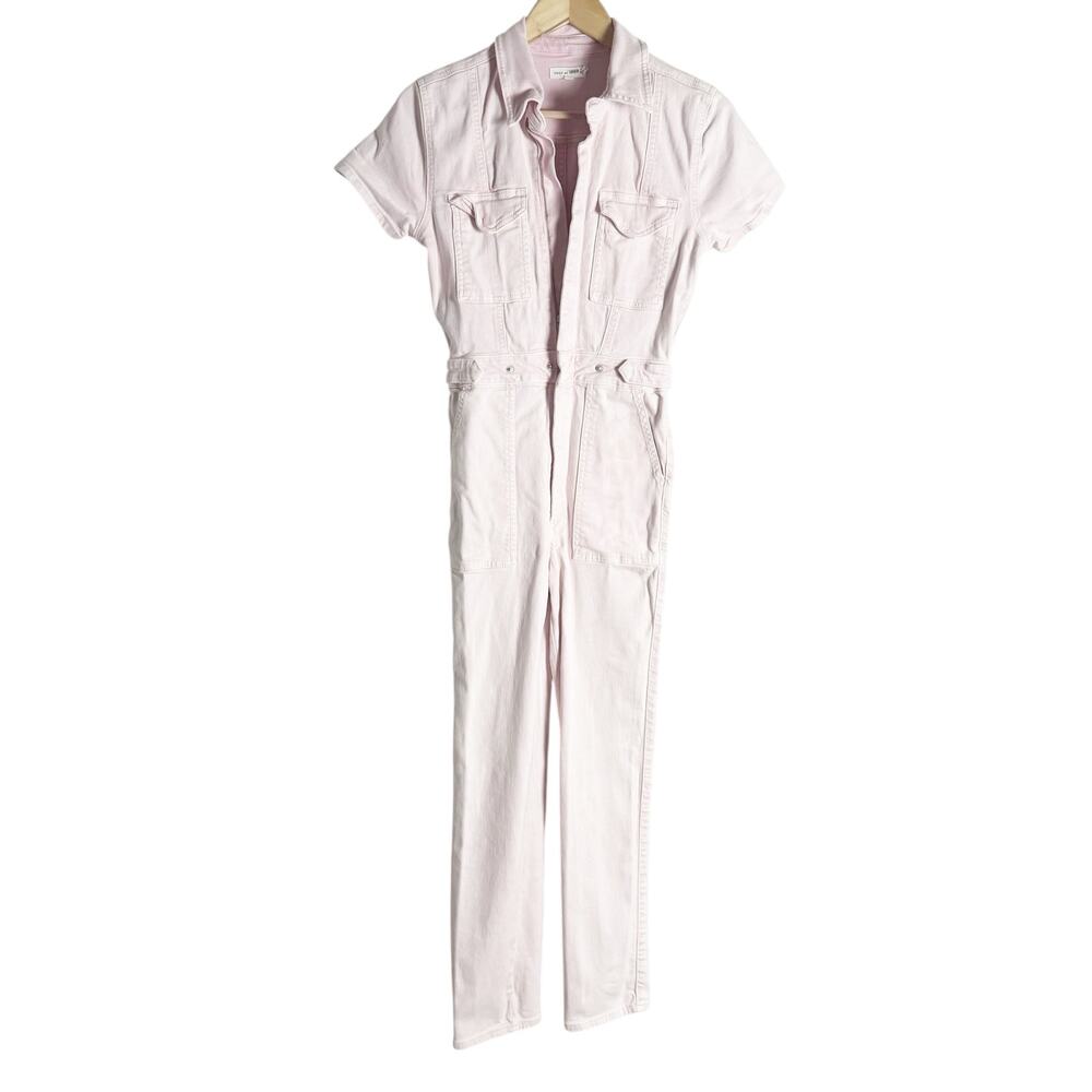 Good American Fit For Success Light Pink Short Sleeve Denim Jumpsuit Size S